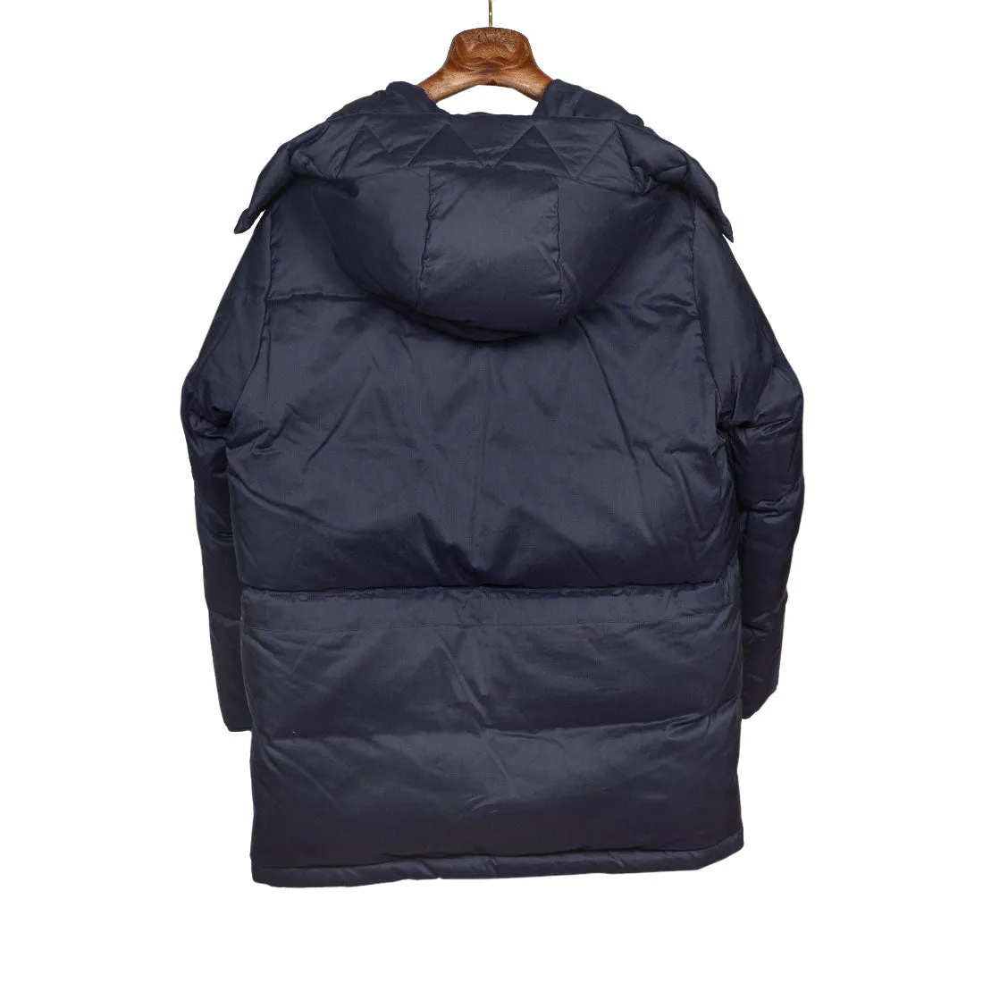 "Expedition Down Parka" in deep sea blue cotton and silk